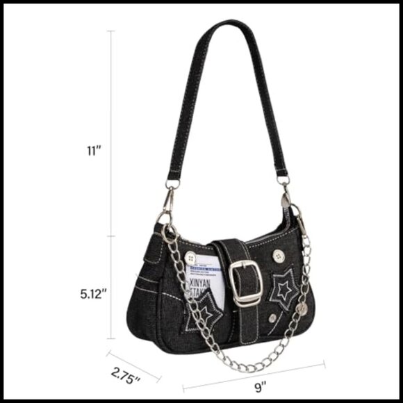 Y2K Mini Shoulder Bag Star Embroidery Retro Goth Style Chain Strap Purse - Picture 3 of 6